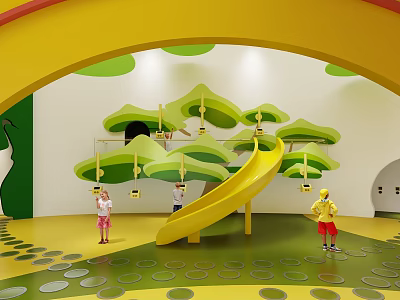 Colorful Indoor Playground Equipment With Yellow Slide Green Tree Decorations And Circular Floor Design For Kids 3d model