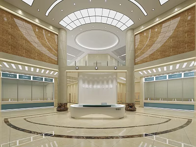 Spacious Hotel Lobby Interior With Marble Decor Dome Ceiling And Reception Desk 3d model
