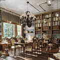 Vintage Café Interior With Bookshelves Chandelier Wooden Tables Windows And Green Plants