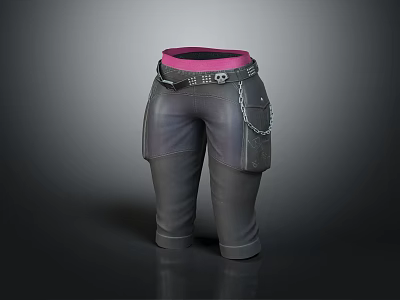 Stylish Cropped Leather Pants With Pink Lining Black Belt Skull Decoration And Chain Pocket 3d model