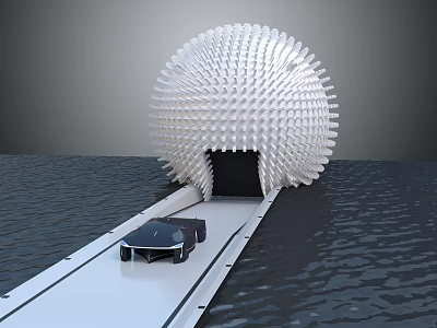Cartoon Scene Featuring White Spherical Structure With Textured Surface And Black Car On Water Pathway 3d model
