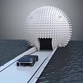Cartoon Scene Featuring White Spherical Structure With Textured Surface And Black Car On Water Pathway