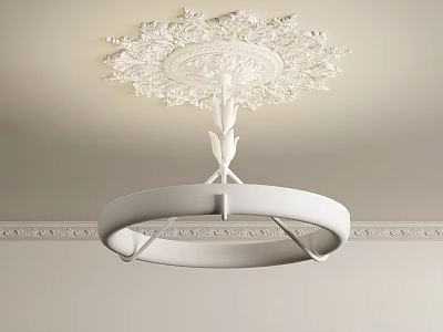 Modern White Circular Chandelier With Ornate Ceiling Medallion And Sleek Design 3d model