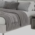 Modern Double Bed Setup With Striped Pillows Gray Blanket And Wooden Nightstand