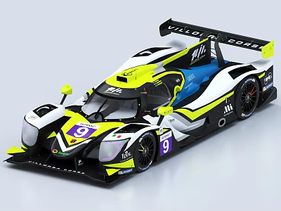 Black White Yellow LMP2 Race Car With Number 9 Aerodynamic Design And VILLOIRE COSTE 3d model