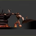 Cartoon Scene Featuring Robot With Mechanical Arm And Small Character On Lava Ground Rock Formation