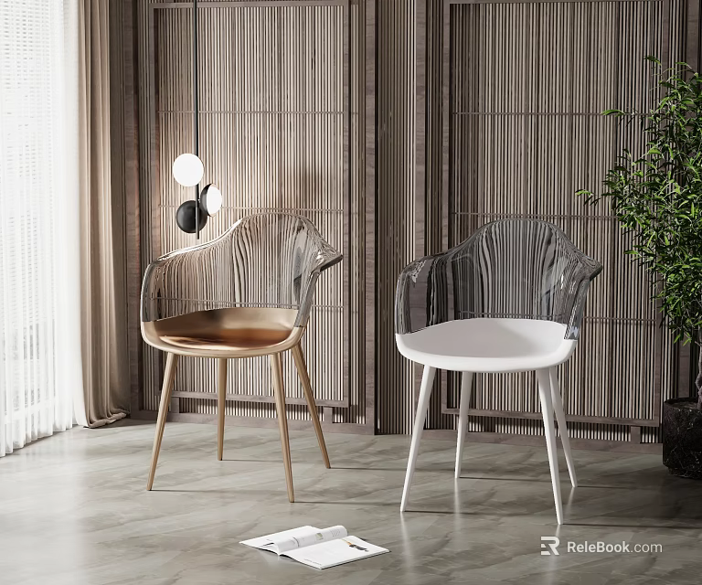 Modern Transparent Backrest Dining Chairs With Golden White Legs Wooden Slatted Backdrop 3d model 