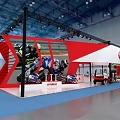 Yamaha Red And White Exhibition Booth With Truss Structure Motorcycles On Display And Reception Counter