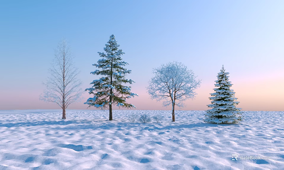 Snowy Winter Landscape With Various Snow Covered Trees In Field Under Pastel Blue Pink Sky 3d model 