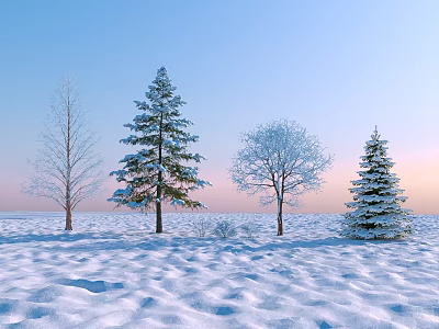 Snowy Winter Landscape With Various Snow Covered Trees In Field Under Pastel Blue Pink Sky 3d model
