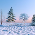 Snowy Winter Landscape With Various Snow Covered Trees In Field Under Pastel Blue Pink Sky