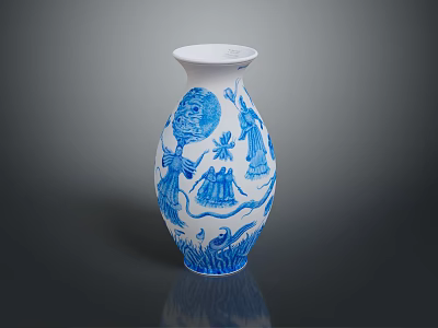 Blue And White Sculpted Ceramic Vase Featuring Intricate Carved Patterns And Artistic Style 3d model