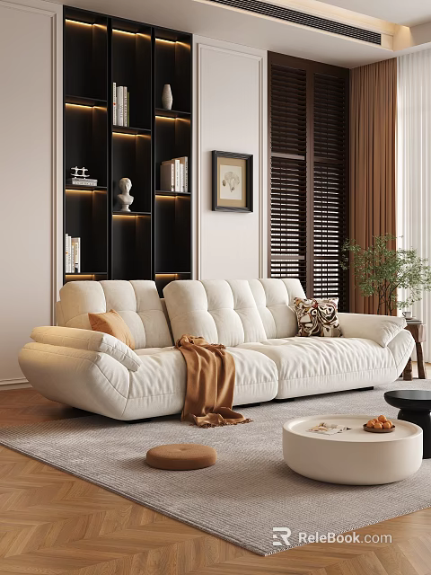 Modern White Sofa And Coffee Table Set With Decorative Pillows Throw Blanket And Plant 3d model 