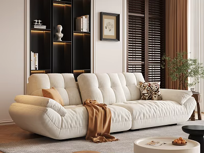 Modern White Sofa And Coffee Table Set With Decorative Pillows Throw Blanket And Plant 3d model
