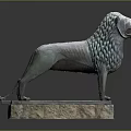 Ancient Bronze Lion Statue Standing On Stone Base With Detailed Mane