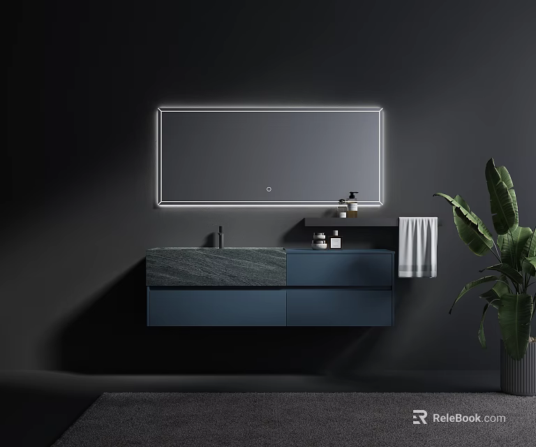 Modern Wall Mounted Sink Vanity With Illuminated Mirror And Dark Blue Cabinet 3d model 