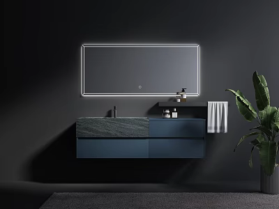 Modern Wall Mounted Sink Vanity With Illuminated Mirror And Dark Blue Cabinet 3d model