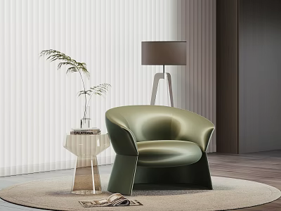 Green Leather Armchair with Transparent Side Table Plant in Vase Floor Lamp on Round Rug 3d model