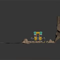 Yellow And Blue Robot With Mechanical Legs On Sandy Rocky Terrain Near Purple Object