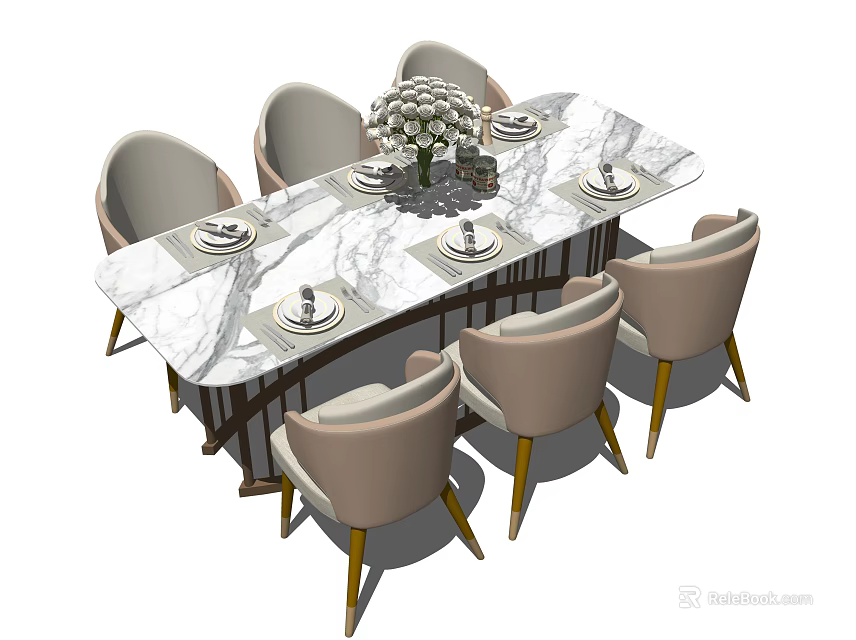 Modern Dining Table Set with Marble Top Six Beige Chairs Gold Legs and Floral Centerpiece 3d model 