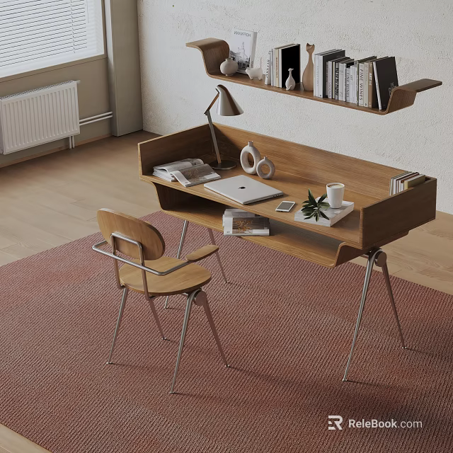 Stylish Bookshelf In Home Study Area With Books Decorations Laptop Lamp And Chair 3d model 