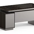 Modern Office Desk With Sleek Dark Wood Grain Top And Gray Cabinet
