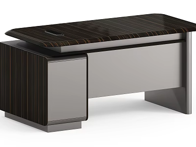 Modern Office Desk With Sleek Dark Wood Grain Top And Gray Cabinet 3d model
