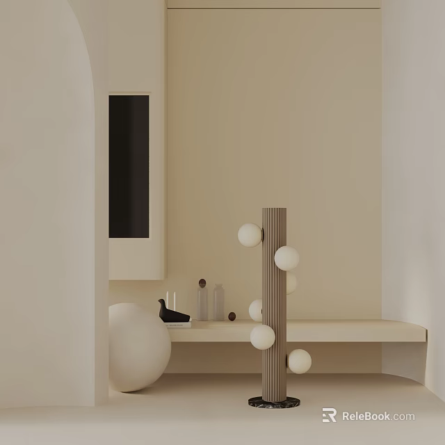 Modern Floor Lamp With Wooden Pole And White Spherical Lights In Beige Interior With White Shelf 3d model 