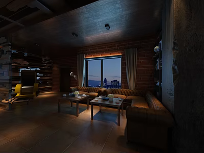 Warm Café Interior With Brick Walls Large Windows Night View And Leather Sofas 3d model