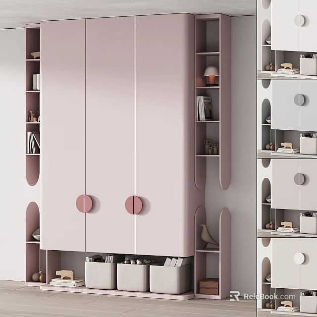 Elegant Modern Wardrobe Design With Pink Doors Round Handles And Open Side Shelves 3d model 
