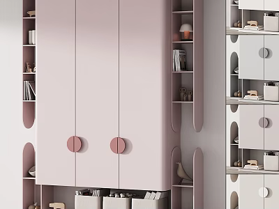 Elegant Modern Wardrobe Design With Pink Doors Round Handles And Open Side Shelves 3d model