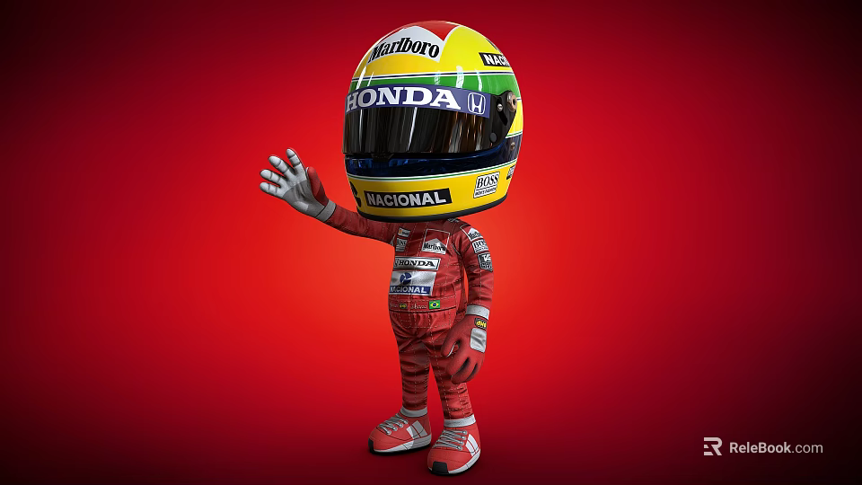 3D Cartoon Character Wearing Red Racing Suit And Yellow Helmet Waving Hand On Red Background 3d model 