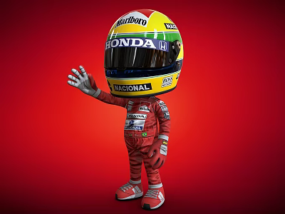 3D Cartoon Character Wearing Red Racing Suit And Yellow Helmet Waving Hand On Red Background 3d model