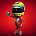 3D Cartoon Character Wearing Red Racing Suit And Yellow Helmet Waving Hand On Red Background