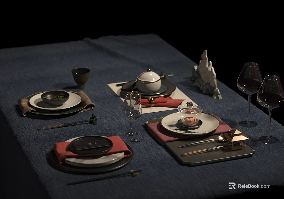 Elegant Dining Table Setting With Plates Bowls Wine Glasses And Napkins 3d model 
