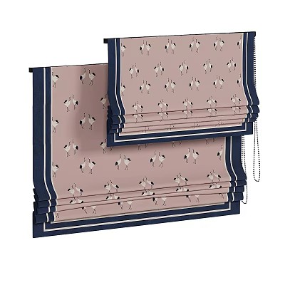 Elegant Roman Curtains With Pink Base White Crane Pattern And Navy Blue Trim Design 3d model