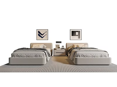 Modern Bedroom With Two Single Beds Nightstands Table Lamps Decorative Art And Rug 3d model