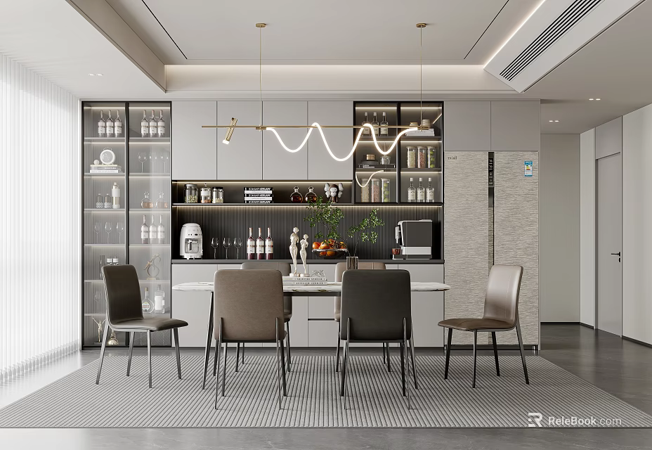 Modern Dining Room Interior With Dining Table Chairs Pendant Lights Glass Cabinets And Decorative Plants 3d model 