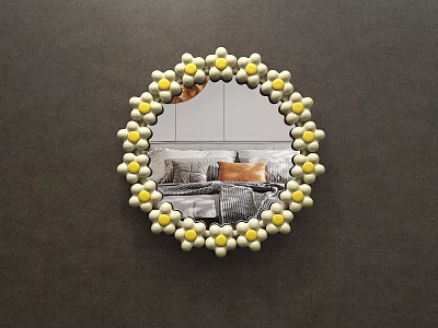 Circular Mirror With Decorative Yellow And White Beads Reflecting Bedroom Bed And Pillows 3d model