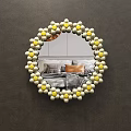 Circular Mirror With Decorative Yellow And White Beads Reflecting Bedroom Bed And Pillows