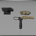 Tactical Gear Components With Black Scope Golden Device And Brown Accessory