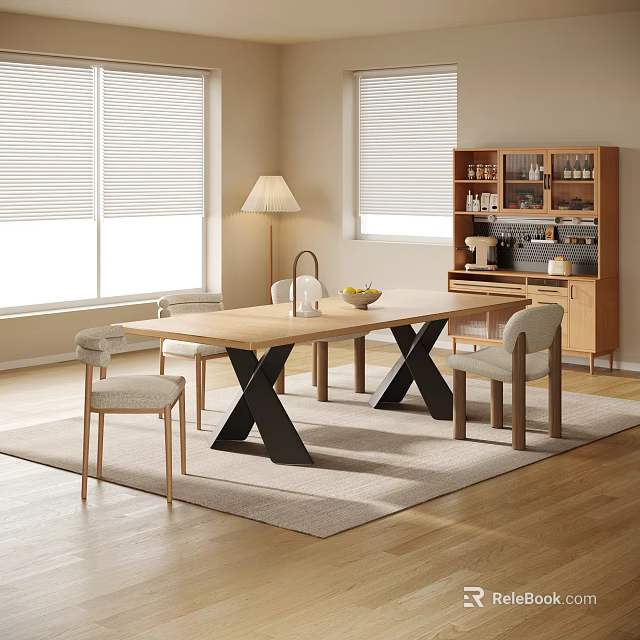 Restaurant Dining Area With Wooden Table Black X-Shaped Legs Chairs Sideboard And Floor Lamp 3d model 