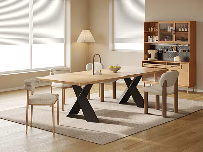 Restaurant Dining Area With Wooden Table Black X-Shaped Legs Chairs Sideboard And Floor Lamp 3d model