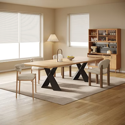 Restaurant Dining Area With Wooden Table Black X-Shaped Legs Chairs Sideboard And Floor Lamp 3d model
