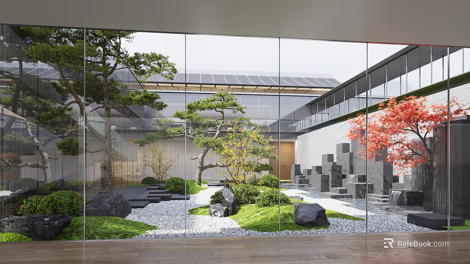 Traditional Japanese Garden Landscape With Pine Trees Stones Gravel Paths Grass And Glass Walls 3d model 