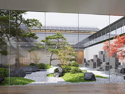 Traditional Japanese Garden Landscape With Pine Trees Stones Gravel Paths Grass And Glass Walls 3d model