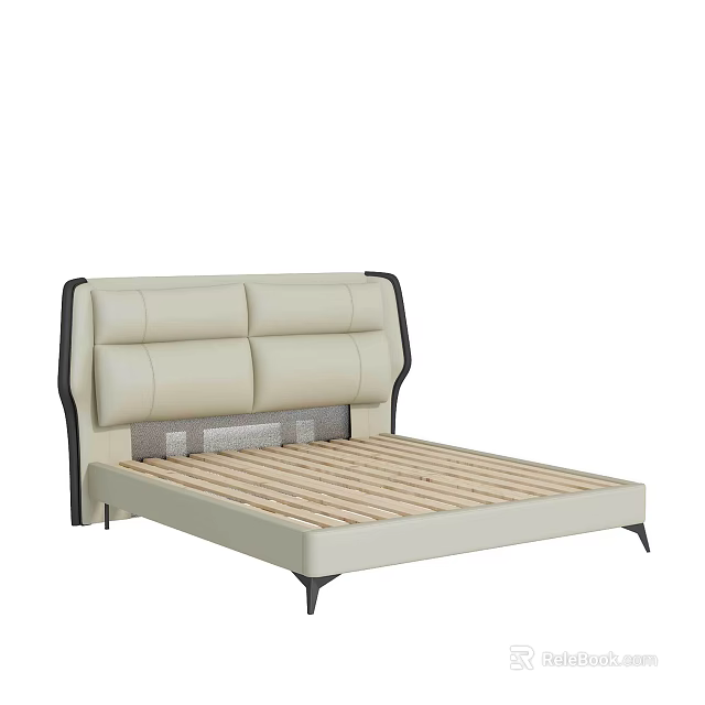 Modern Beige Double Bed With Padded Headboard Wooden Slat Base And Black Legs 3d model 