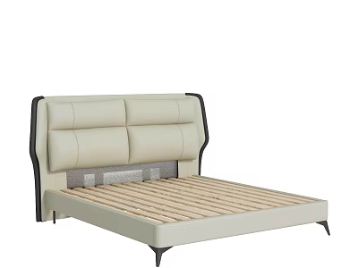 Modern Beige Double Bed With Padded Headboard Wooden Slat Base And Black Legs 3d model