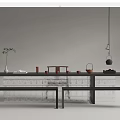 Modern Black Frame Tea Table and Benches with Transparent Base and Tea Set 3d model