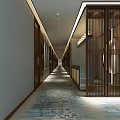 Elevator Hallway Interior Design With Wooden Lattice Patterned Carpet And Stone Reception Counter 3d model